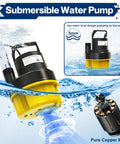 Reliable Submersible Sump Pump Equipped With A Beefy One Horsepower Motor And 3500GPH Flow Rating For Pool Covers And Basement Drains with water splashing around.