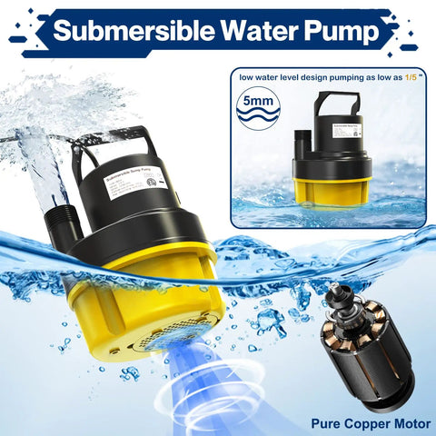 Reliable Submersible Sump Pump Equipped With A Beefy One Horsepower Motor And 3500GPH Flow Rating For Pool Covers And Basement Drains with water splashing around.