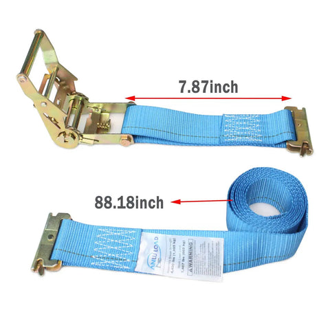 Wheel Chock Tie Down Kit For ATV UTV And Trailers, Heavy Duty E Track System with 2x8ft blue ratchet straps shown unrolled
