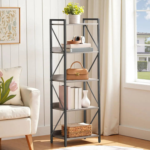 No Fuss Five Tier Industrial Bookcase With Sturdy Metal Frame And Secure Back Barrier Sweet Vertical Storage Organizer That Looks Dang Fine In Any Living Room Or Home Office Greige And Black
