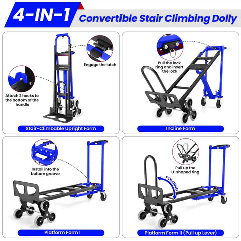4 In 1 Hand Truck Dolly Heavy Duty Industrial Convertible With 1000 Lbs Capacity for stair climbing shown in various forms