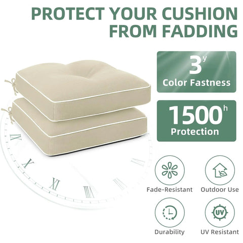 19x19 Inch Water Resistant Outdoor Chair Cushions Set Of 2, Tufted Square Beige With Tie Straps, durability and UV resistant