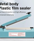 Top Shelf 12 Inch Manual Pulse Sealer Heavy Duty All Steel Gear For Plastic And Shrink Bags Adjustable Temperature Dial Built Like A Tank Comes With On The Fly Repair Kit In Blue angled view showcasing thick metal body and sealing mechanism.