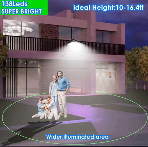 2 Pack Solar Flood Lights With Remote Outdoor Motion Sensor 138 LEDs illuminating house and family at night