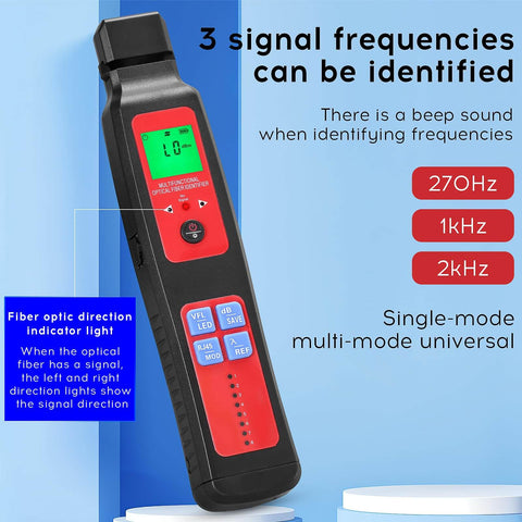 Live Fiber Optic Identifier With OPM And 5-In-1 Function for RJ45 network testing displaying signal frequency options.