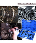 12-Piece Motorcycle Blind Bearing Puller Kit 8-25mm with slide hammer in blue case, shown with internal bearings and tools.