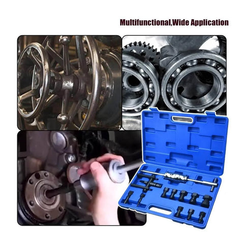 12-Piece Motorcycle Blind Bearing Puller Kit 8-25mm with slide hammer in blue case, shown with internal bearings and tools.