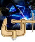 Heavy Duty 500A Brass Welding Earth Clamp With Durable G Shape Design For Ships And Auto Shops close-up, showcasing brass body and threaded screw.