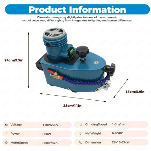 Heavy-Duty Glass Edge Polisher and Beveller with 10 Wheels for Killer Bevels on Marble Tile Ceramic or Acrylic using 800W Motor and 8000 RPM for Smooth Operation in Straight or Round Profiles as Your New Shop Command Center, showing dimensions and features.