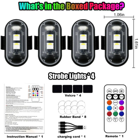 Box contents of 4 Pack Premium LED Rock Lights With 8 Color Options And 10 Modes For Cars, Motorcycles, Boats, Bikes, Drones And Camping