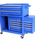 Built Tight Eight Drawer Rolling Tool Chest With Fully Lined Drawers And Locking Base Cabinet For No Mess Garages And Heavy Duty Shop Rigs In True Blue, showing rolling design and lined drawers.