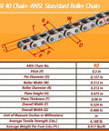 Image showing ANSI 40 Chain specifications, detailing dimensions and technical data for roller chain use.