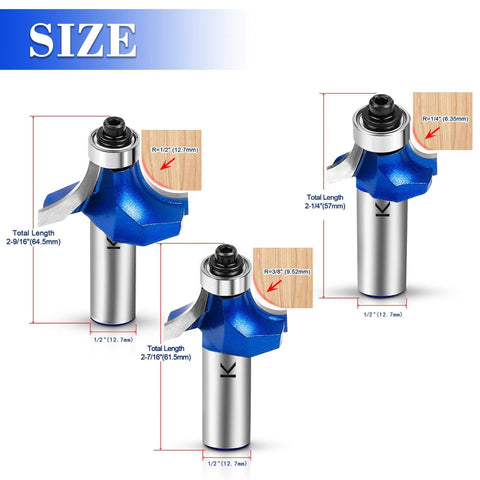Roundover Router Bit Set Pro Grade With 1/2 Inch Shank Radius Options 1/4, 3/8, 1/2 Inch Carbide Tip Two Flutes Bearing Guide