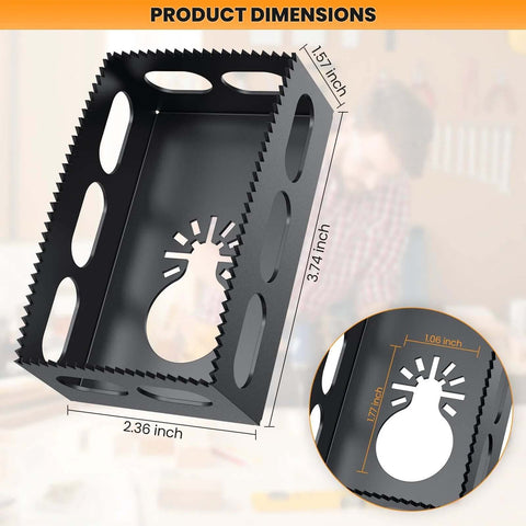 Drywall outlet cutter tool, angled front view, black stainless steel for single-gang boxes, fits oscillating tools