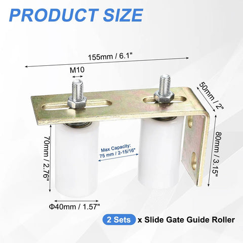 Two Pack Gate Guide Rollers With L Bracket For Sliding Gates 40mm Nylon Rollers With Sealed Ball Bearings Fits Gates Up To Two And Fifteen Sixteenths Inches Wide Universal Gate Guider For Sliding Doors White showing product dimensions