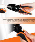Five In One Ratchet Wire Crimping Tool Kit showing quick change jaws and orange handle grip in use