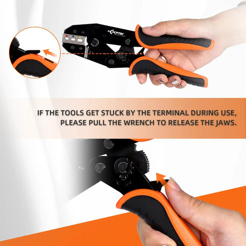 Five In One Ratchet Wire Crimping Tool Kit showing quick change jaws and orange handle grip in use