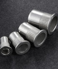 M6 Stainless Steel 304 Rivet Nuts Flat Head Rivnut Threaded Inserts Knurled Body, 200 Pcs, shown in various sizes