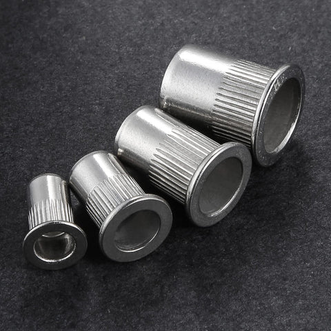 M6 Stainless Steel 304 Rivet Nuts Flat Head Rivnut Threaded Inserts Knurled Body, 200 Pcs, shown in various sizes