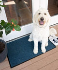 Heavy Duty Industrial Door Mat 3x10 Large Entrance Rug for Businesses and Lobbies, Scrapes Shoes, Traps Dirt, Slate Blue with dog on mat