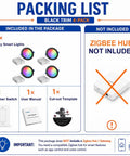 Packing list for Xsky Smart Recessed Lighting 6 inch 4 Pack, showing included items: lights, dimmer switch, and user manual.