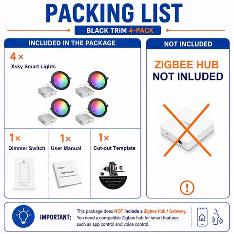 Packing list for Xsky Smart Recessed Lighting 6 inch 4 Pack, showing included items: lights, dimmer switch, and user manual.