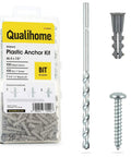 Drywall Anchors And Screws Kit With Drill Bit For Hanging Frames Shelves And Mirrors, 100 Anchors And 100 Screws, Plastic Ribbed Wall Anchors For Secure Quick Mounts, Six To Eight By Seven Eighth Inch package with drill bit, screw, and anchor visible.