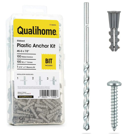 Drywall Anchors And Screws Kit With Drill Bit For Hanging Frames Shelves And Mirrors, 100 Anchors And 100 Screws, Plastic Ribbed Wall Anchors For Secure Quick Mounts, Six To Eight By Seven Eighth Inch package with drill bit, screw, and anchor visible.