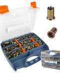 Pro Grade 860Pcs Rivet Nut Kit With SAE UNC Rivet Nuts Assortment in case, zinc-plated carbon steel, various sizes visible