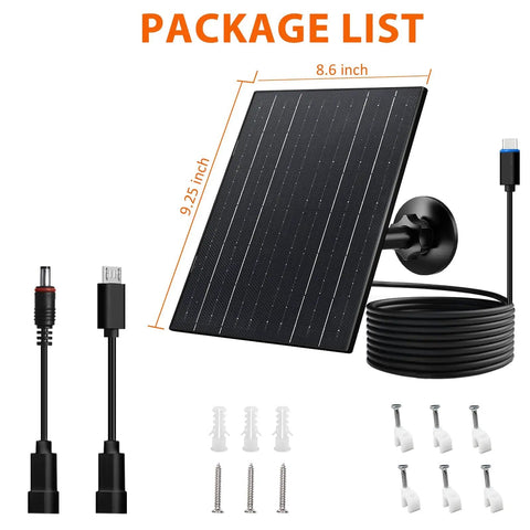 10W Solar Panel Charger For 5V Cameras With USB C, Micro USB, And DC Adapters, IP66 Waterproof Outdoor Power Kit, shown with accessories