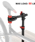 Bench Mount Bike Repair Stand For Home Shop And Mechanics, holding bike seat, shown mounted on workbench, max load 60 lbs