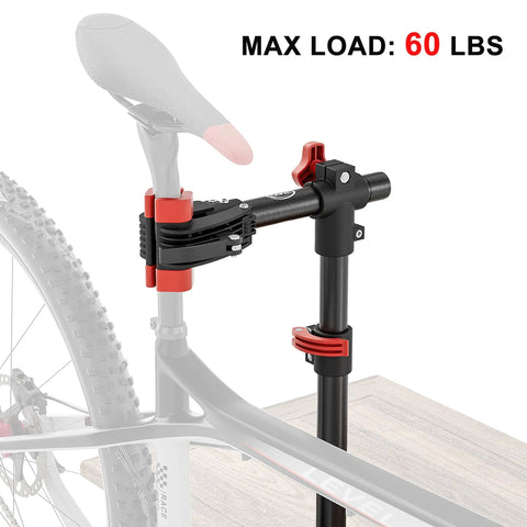 Bench Mount Bike Repair Stand For Home Shop And Mechanics, holding bike seat, shown mounted on workbench, max load 60 lbs