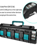 Four Port Battery Charger Station for 14.4V to 18V Lithium Tool Batteries With Two USB A Ports Rapid Simultaneous Charging for Four Batteries