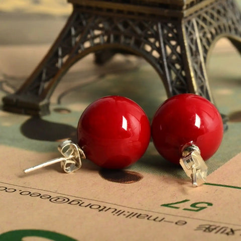 Red Shell Bead 12mm Silver Tone Classic Round Ball Stud Earrings For Women Dope Everyday Jewelry Gift Box Ready 925 Silver Post Versatile Accessory For Work Or Parties Simple Yet Stylish. Pair of red 12mm shell bead stud earrings with silver-tone posts
