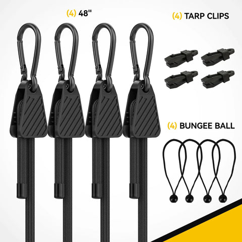 Four 48-inch bungee cords with carabiners and four tarp clips, part of the Six Piece Heavy Duty Bungee Cords With Carabiners Set