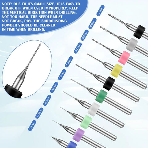 59 Piece Hand Drill Bit Set With Pin Vise And Tungsten Carbide Micro Bits For Resin Polymer DIY Jewelry Making And Precise Carving Blue Great For Hobbyists And Pros displayed with labeled sizes for each bit.