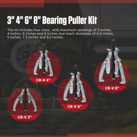 Heavy Duty Gear Puller Set With 3 Inch 4 Inch 6 Inch 8 Inch Jaws, Two And Three Jaw Pullers displayed in red circles