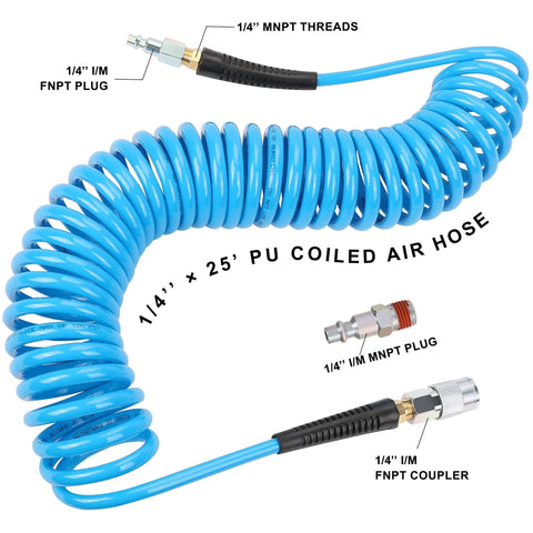 Solid As Nails 1/4 Inch By 25 Foot Polyurethane Coil Air Hose with fittings and coiled design for easy air connection.