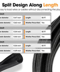 Split Wire Loom Kit With 50 Feet Each Of 1/4 Inch, 1/2 Inch, And 3/8 Inch Flexible Cable Sleeves Details and Dimensions Chart