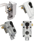 2-Stage Auto Changeover Propane Regulator with 12-inch pigtails for RVs, vans, and trailers, shown from different angles.