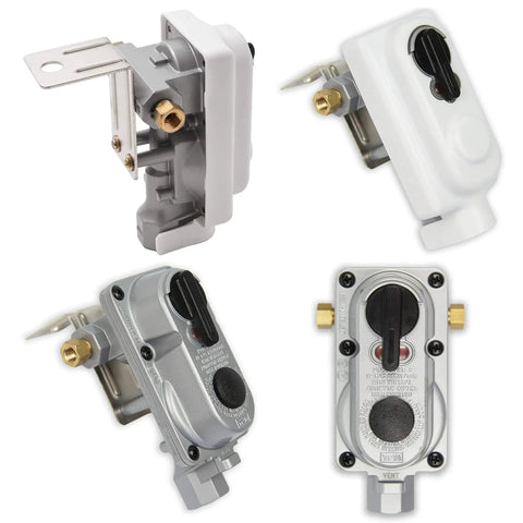 2-Stage Auto Changeover Propane Regulator with 12-inch pigtails for RVs, vans, and trailers, shown from different angles.