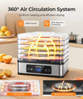Heavy Duty Five Tray Food Dehydrator With Adjustable Temp Control And Auto Timer, showcasing 360 air circulation system and fruit drying.
