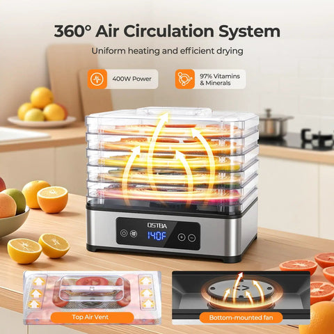 Heavy Duty Five Tray Food Dehydrator With Adjustable Temp Control And Auto Timer, showcasing 360 air circulation system and fruit drying.