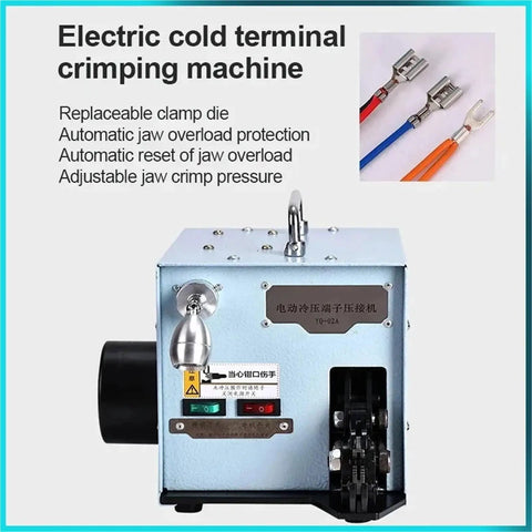 ZQFEE 60W Electric Tube Expander Terminal Crimper Tool With Replaceable Cold Pressing Molds For Professional Wire Connector Work and Reliable Diverse Terminal Installation Tasks Made Easy, showing electric crimping machine.