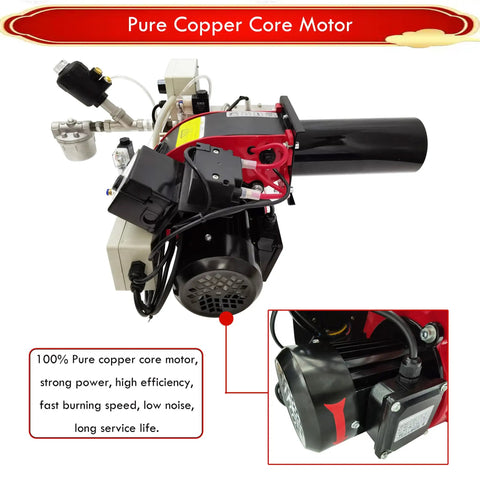Rock Solid Heavy Duty Waste Oil Burner Heater Air Atomizing Multi Fuel Industrial Boiler Furnace Stainless Steel Double Fire Design 58 To 116kw Output 220v top view of pure copper core motor with wires.