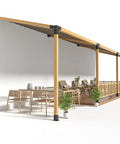 Fifteen Degree Slanted Roof Wall Mount 4 By 4 Pergola Bracket Kit installed in an outdoor patio with tables and chairs
