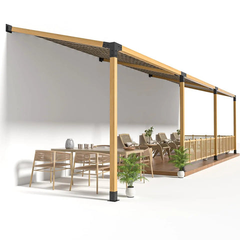 Fifteen Degree Slanted Roof Wall Mount 4 By 4 Pergola Bracket Kit installed in an outdoor patio with tables and chairs