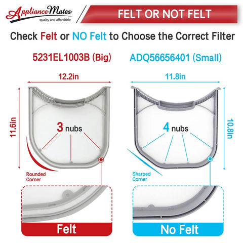 Comparison of felt and no felt dryer lint filters 5231EL1003B and ADQ56656401, showing size, nubs, and corner details.