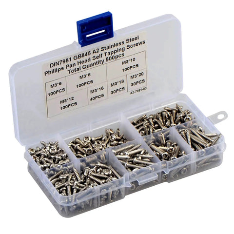 500 Piece M3 Stainless Steel 304 Self Tapping Screws Pan Head Design in a plastic organizer box for quick use