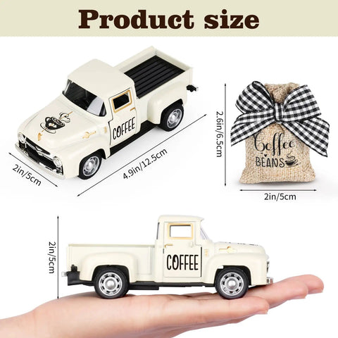 Image showing size of Metal Coffee Truck With Burlap Sack Farmhouse Kitchen Decor Mini Pickup For Your Coffee Station And Home Bar Accessories Cute Rustic Countertop Accent Perfect For Tiered Trays And Coffee Tables with truck 4.9x2 in and sack 2.6x2 in.